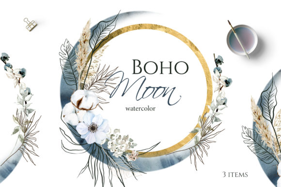 Download Boho Round Floral Frame with Blue Moon - Boho Collection