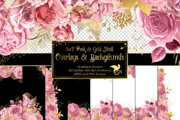 Download 5x7 Pink and Gold Floral Overlays - Floral overlays Collection