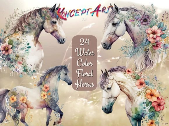 Download 24 Boho Watercolor Floral Horse Clipart - Boho Collection
